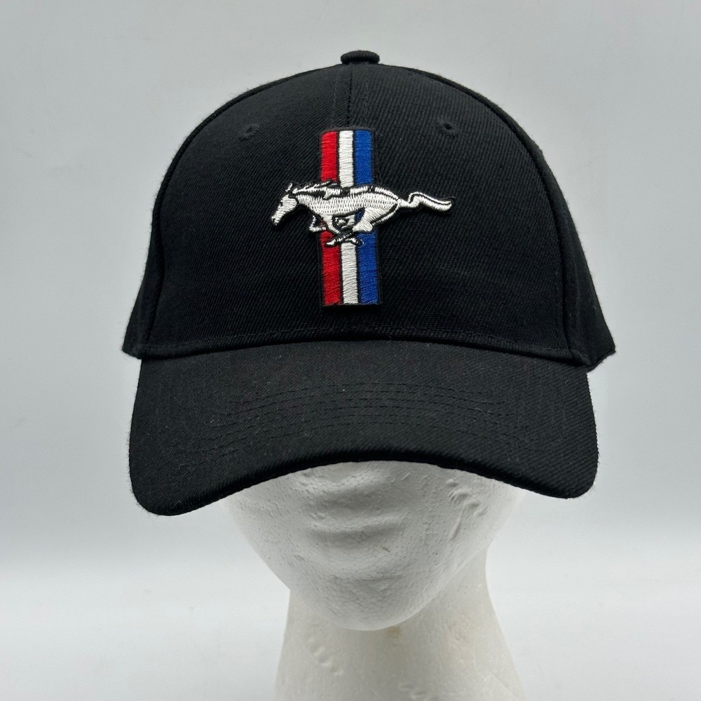 Ford Mustang Baseball Cap Black Wool Blend Embroidered Pony Tri-Bar Logo Hat - Picture 2 of 7